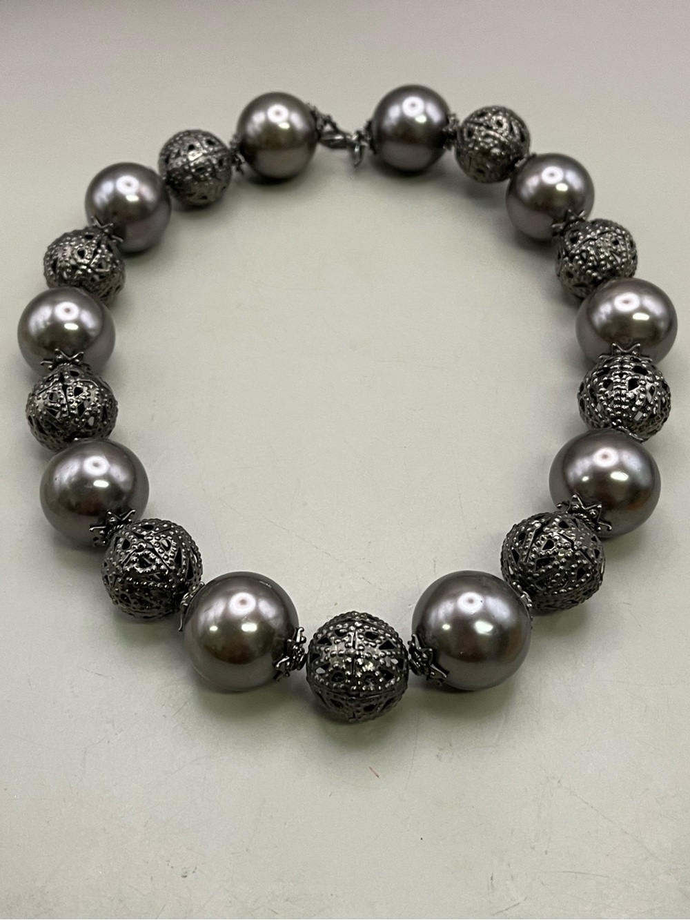 Vintage Glam Gray Faux Pearl Statement Necklace | Chunky Gunmetal Filigree Bead